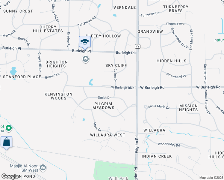 map of restaurants, bars, coffee shops, grocery stores, and more near 15900 West Burleigh Boulevard in Brookfield