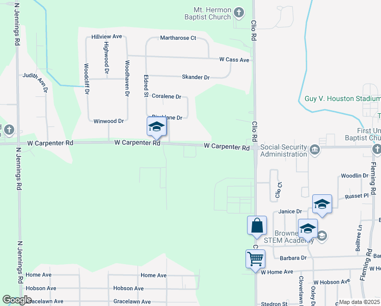 map of restaurants, bars, coffee shops, grocery stores, and more near 3155 West Carpenter Road in Flint