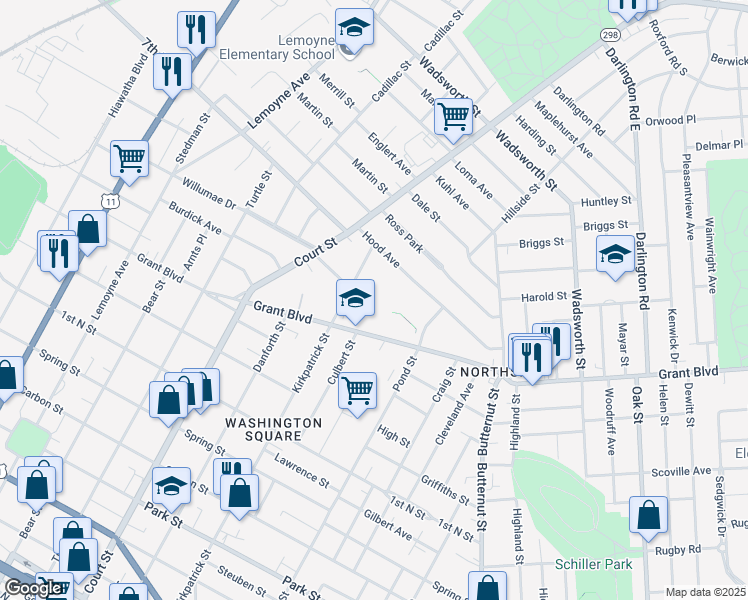 map of restaurants, bars, coffee shops, grocery stores, and more near 2400 Grant Boulevard in Syracuse