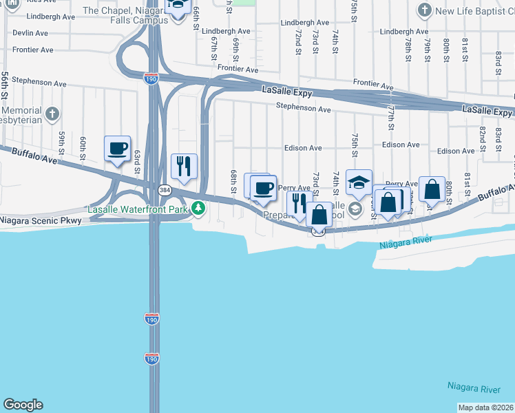 map of restaurants, bars, coffee shops, grocery stores, and more near 6908 Buffalo Avenue in Niagara Falls