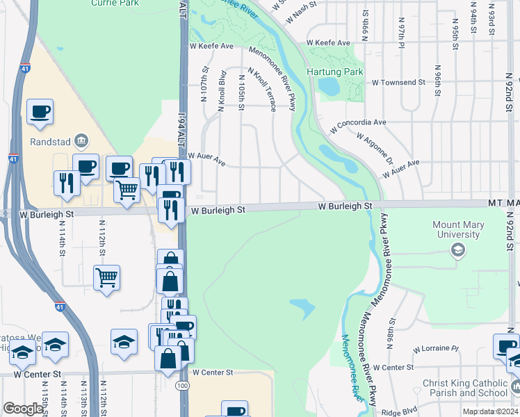 map of restaurants, bars, coffee shops, grocery stores, and more near North 104th Street in Milwaukee