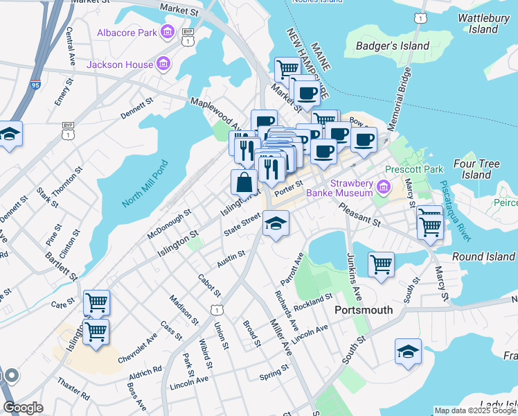 map of restaurants, bars, coffee shops, grocery stores, and more near 10 Middle Street in Portsmouth