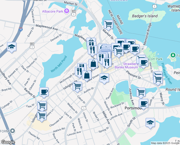 map of restaurants, bars, coffee shops, grocery stores, and more near 30 Parker Street in Portsmouth