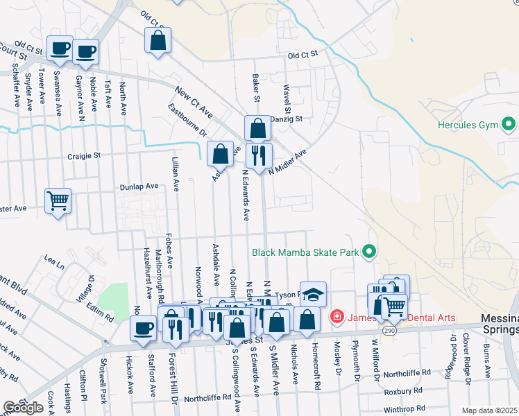 map of restaurants, bars, coffee shops, grocery stores, and more near 346 North Midler Avenue in Syracuse