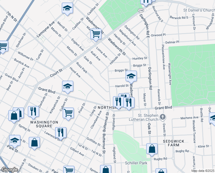 map of restaurants, bars, coffee shops, grocery stores, and more near 224 Ross Park in Syracuse