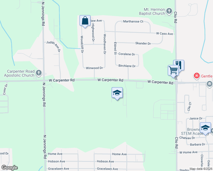 map of restaurants, bars, coffee shops, grocery stores, and more near 3258 West Carpenter Road in Flint