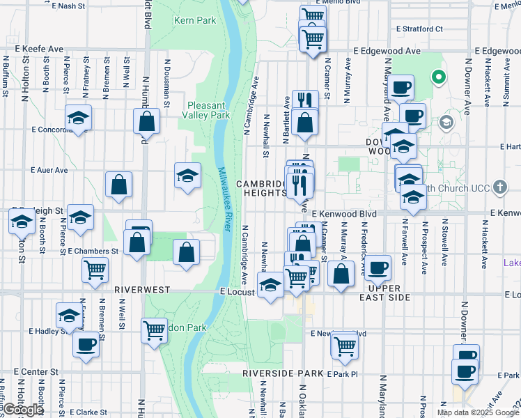 map of restaurants, bars, coffee shops, grocery stores, and more near 3138 North Cambridge Avenue in Milwaukee
