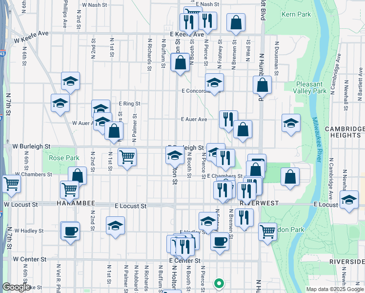 map of restaurants, bars, coffee shops, grocery stores, and more near 3131 North Booth Street in Milwaukee