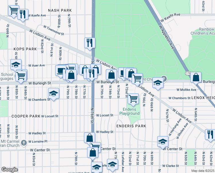 map of restaurants, bars, coffee shops, grocery stores, and more near 7400 West Burleigh Street in Milwaukee