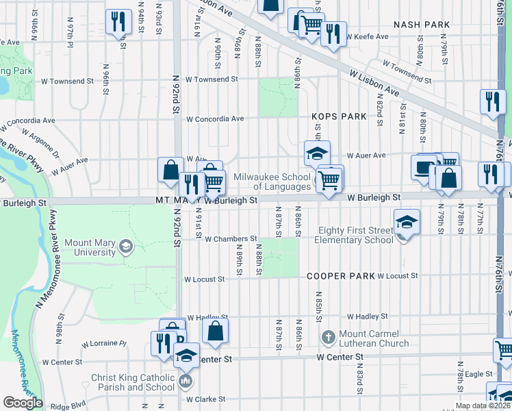 map of restaurants, bars, coffee shops, grocery stores, and more near 8808 West Burleigh Street in Milwaukee