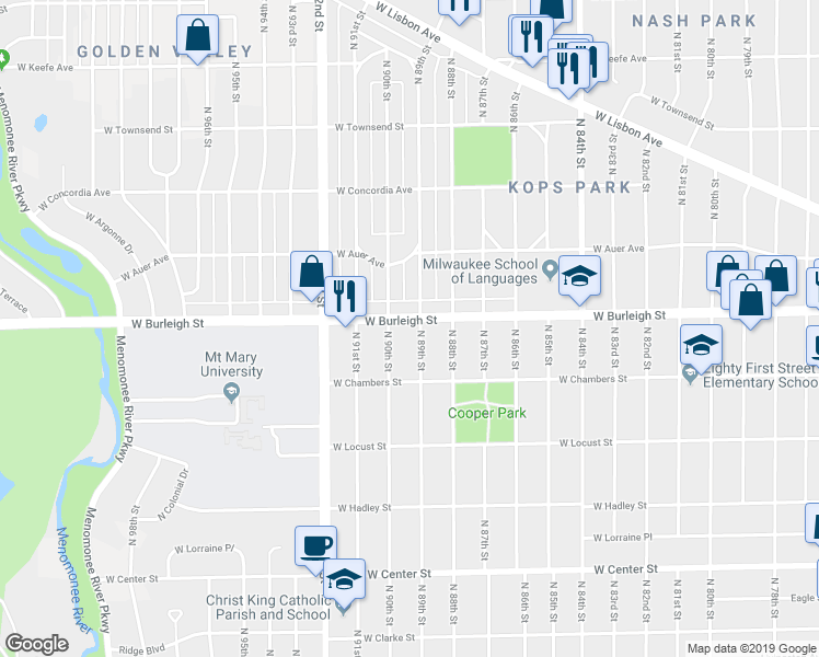 map of restaurants, bars, coffee shops, grocery stores, and more near 8918-8920 West Burleigh Street in Milwaukee