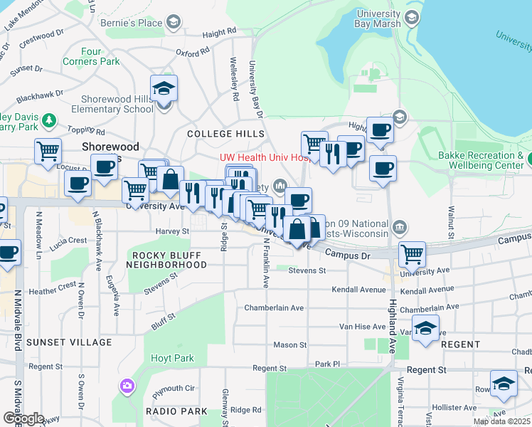 map of restaurants, bars, coffee shops, grocery stores, and more near 2716 Marshall Court in Madison