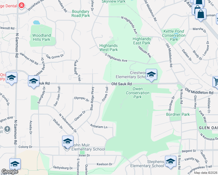 map of restaurants, bars, coffee shops, grocery stores, and more near 6302 Old Sauk Road in Madison