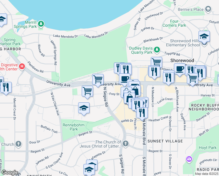 map of restaurants, bars, coffee shops, grocery stores, and more near 4620 Frey Street in Madison