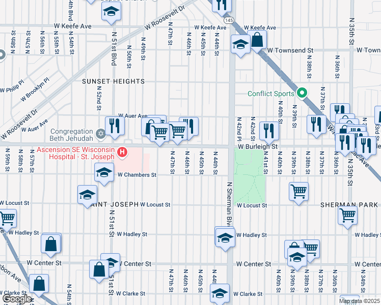 map of restaurants, bars, coffee shops, grocery stores, and more near 4518 West Burleigh Street in Milwaukee