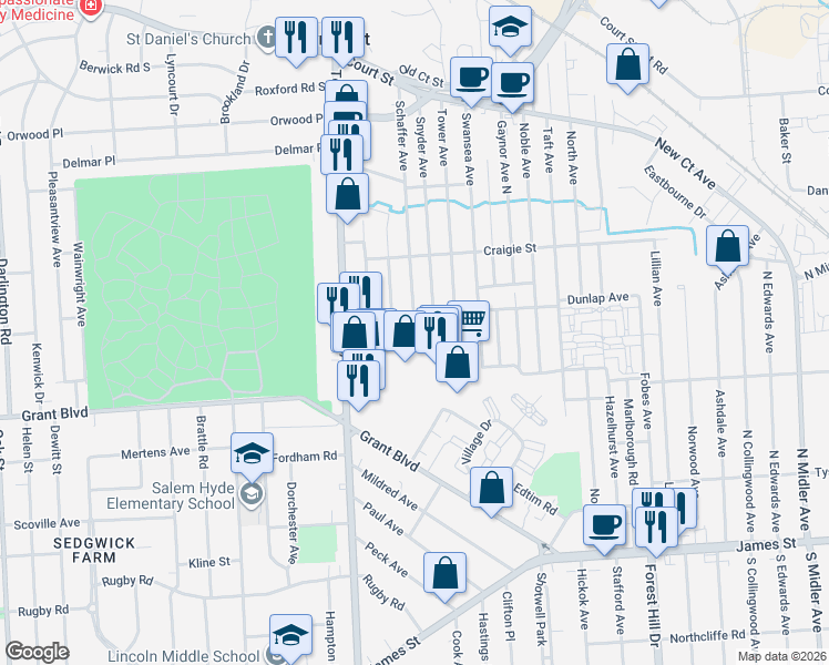 map of restaurants, bars, coffee shops, grocery stores, and more near 204 Schaffer Avenue in Syracuse