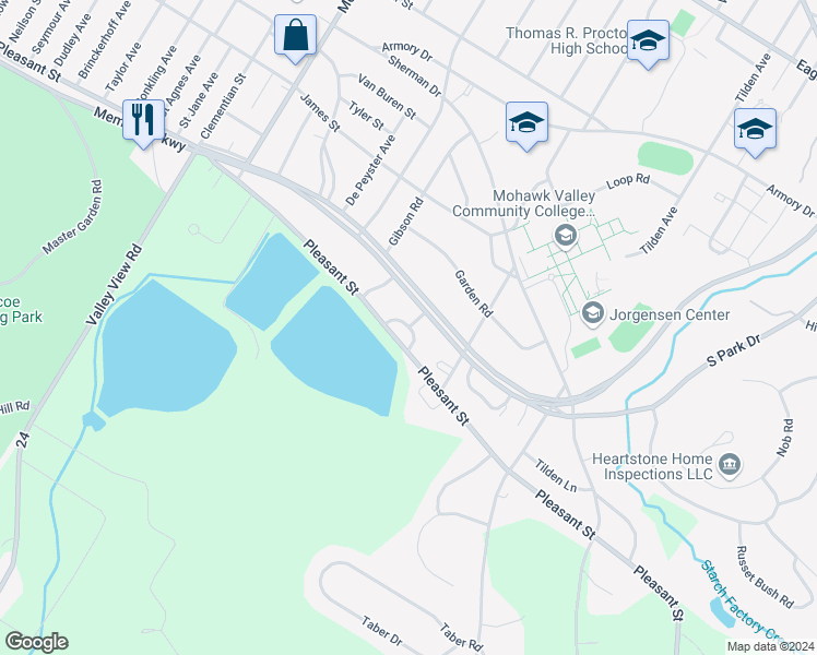 map of restaurants, bars, coffee shops, grocery stores, and more near Parkway Circle in Utica