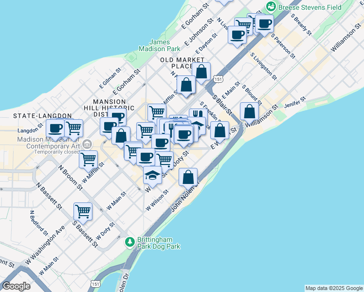 map of restaurants, bars, coffee shops, grocery stores, and more near 101 South Webster Street in Madison