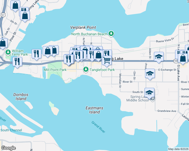 map of restaurants, bars, coffee shops, grocery stores, and more near 222 West Exchange Street in Spring Lake
