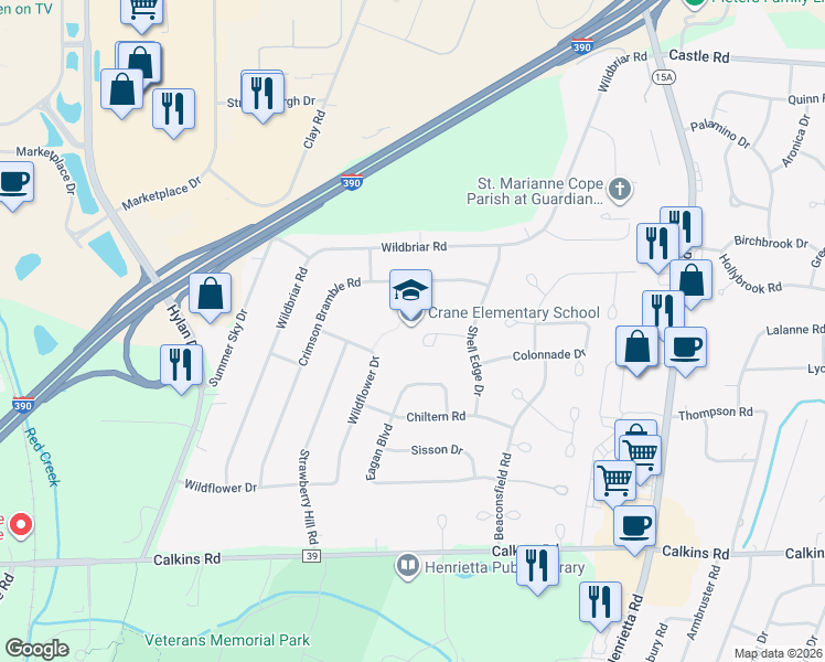 map of restaurants, bars, coffee shops, grocery stores, and more near 85 Shell Edge Drive in Rochester