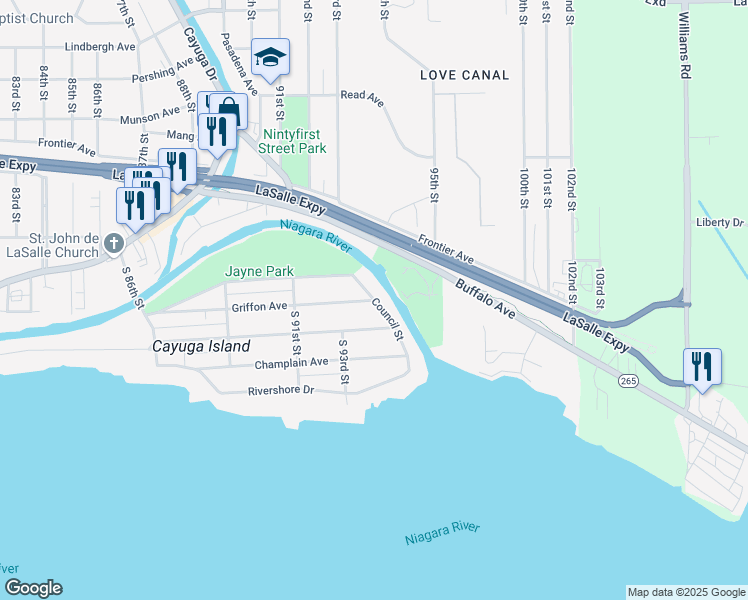 map of restaurants, bars, coffee shops, grocery stores, and more near 99 Council Street in Niagara Falls