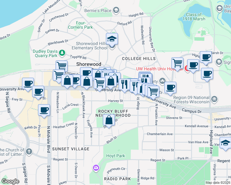 map of restaurants, bars, coffee shops, grocery stores, and more near 3009 University Avenue in Madison