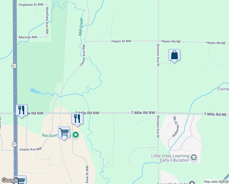 map of restaurants, bars, coffee shops, grocery stores, and more near 207 7 Mile Road Northwest in Comstock Park