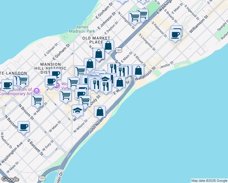 map of restaurants, bars, coffee shops, grocery stores, and more near 127 South Butler Street in Madison