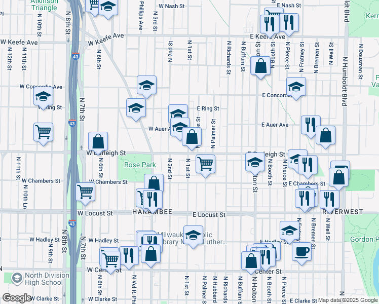 map of restaurants, bars, coffee shops, grocery stores, and more near 3134 North 1st Street in Milwaukee