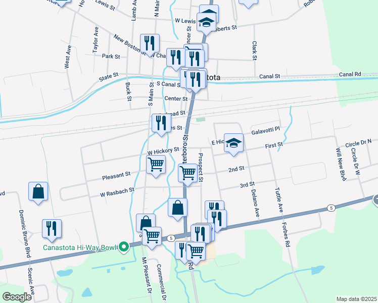 map of restaurants, bars, coffee shops, grocery stores, and more near 300 South Peterboro Street in Canastota