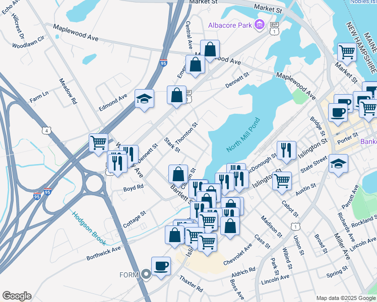 map of restaurants, bars, coffee shops, grocery stores, and more near 80 Burkitt Street in Portsmouth