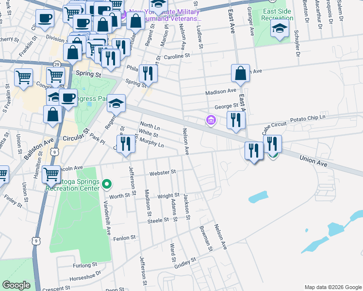 map of restaurants, bars, coffee shops, grocery stores, and more near 153 Nelson Avenue in Saratoga Springs