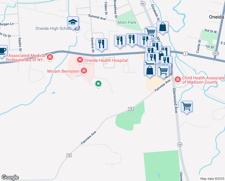 map of restaurants, bars, coffee shops, grocery stores, and more near 1061 Meadow Drive in Oneida