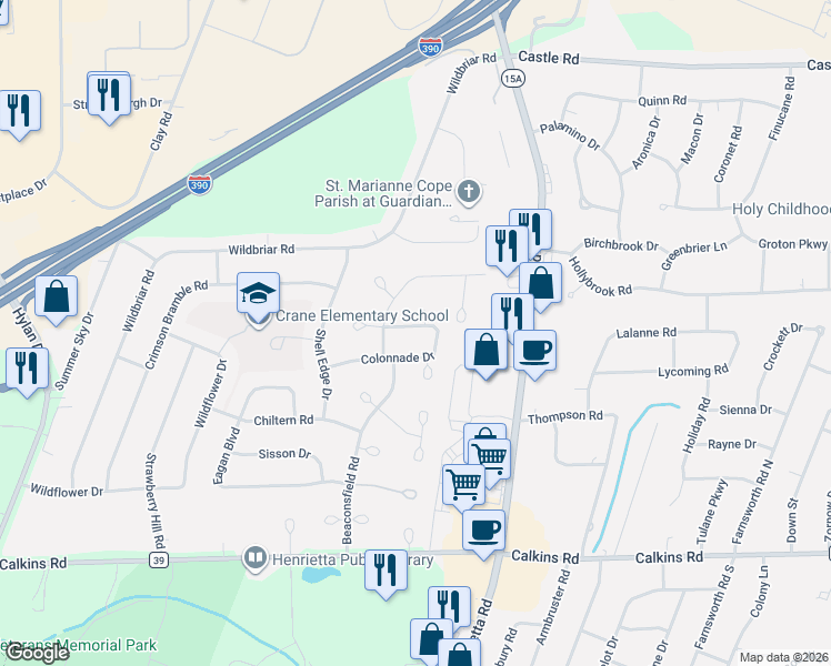 map of restaurants, bars, coffee shops, grocery stores, and more near 26 Mountbatten Street in Rochester