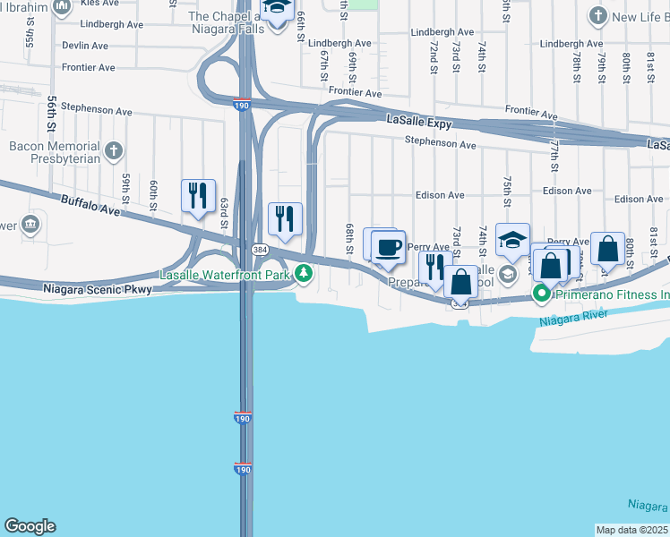 map of restaurants, bars, coffee shops, grocery stores, and more near 107 South 67th Street in Niagara Falls