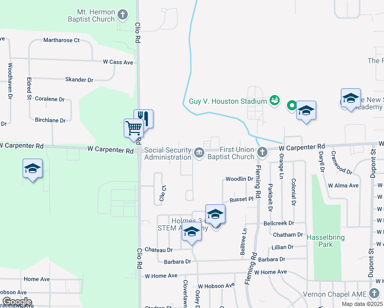 map of restaurants, bars, coffee shops, grocery stores, and more near 2408 West Carpenter Road in Flint