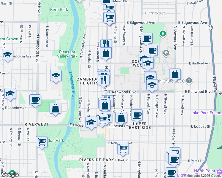 map of restaurants, bars, coffee shops, grocery stores, and more near 3137 North Cramer Street in Milwaukee