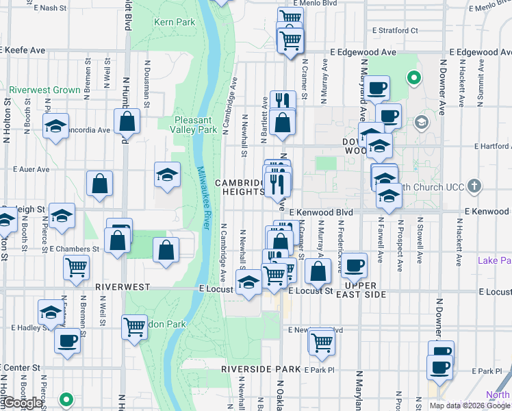 map of restaurants, bars, coffee shops, grocery stores, and more near 3135 North Bartlett Avenue in Milwaukee