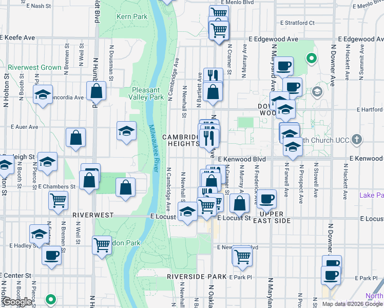 map of restaurants, bars, coffee shops, grocery stores, and more near 3135 North Bartlett Avenue in Milwaukee