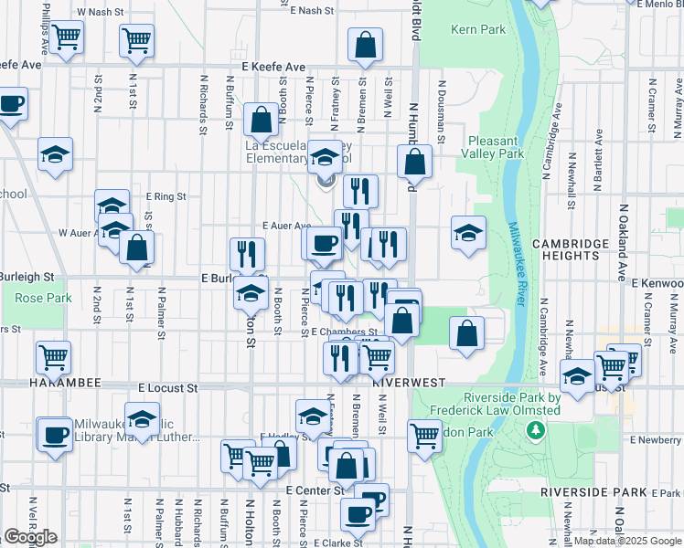 map of restaurants, bars, coffee shops, grocery stores, and more near 3133 North Fratney Street in Milwaukee