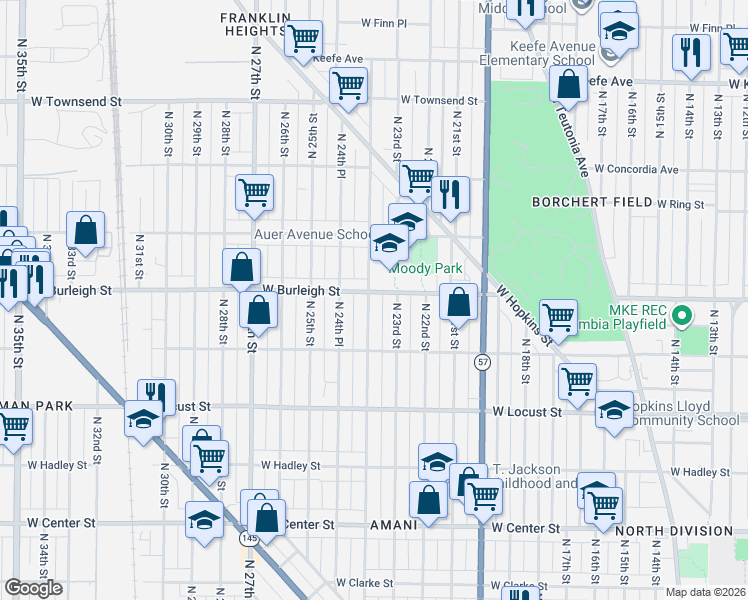 map of restaurants, bars, coffee shops, grocery stores, and more near 2320 West Burleigh Street in Milwaukee