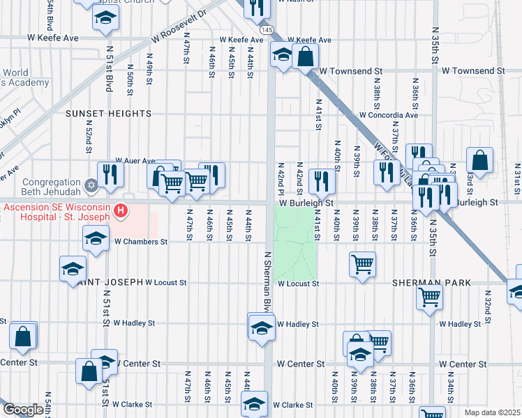 map of restaurants, bars, coffee shops, grocery stores, and more near 3111 North Sherman Boulevard in Milwaukee