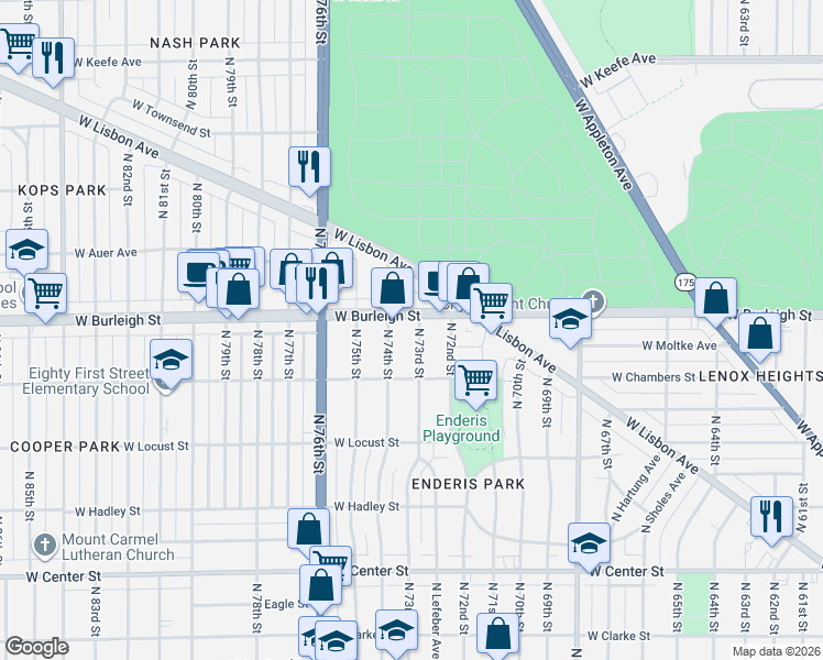 map of restaurants, bars, coffee shops, grocery stores, and more near 7240 West Burleigh Street in Milwaukee