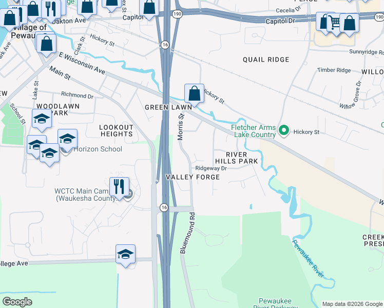 map of restaurants, bars, coffee shops, grocery stores, and more near 218 Morris Street in Pewaukee
