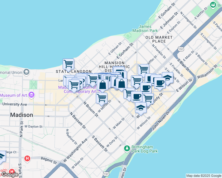 map of restaurants, bars, coffee shops, grocery stores, and more near 212 North Carroll Street in Madison