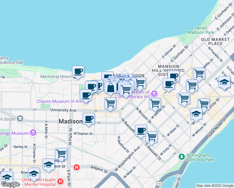 map of restaurants, bars, coffee shops, grocery stores, and more near 247 Langdon Street in Madison