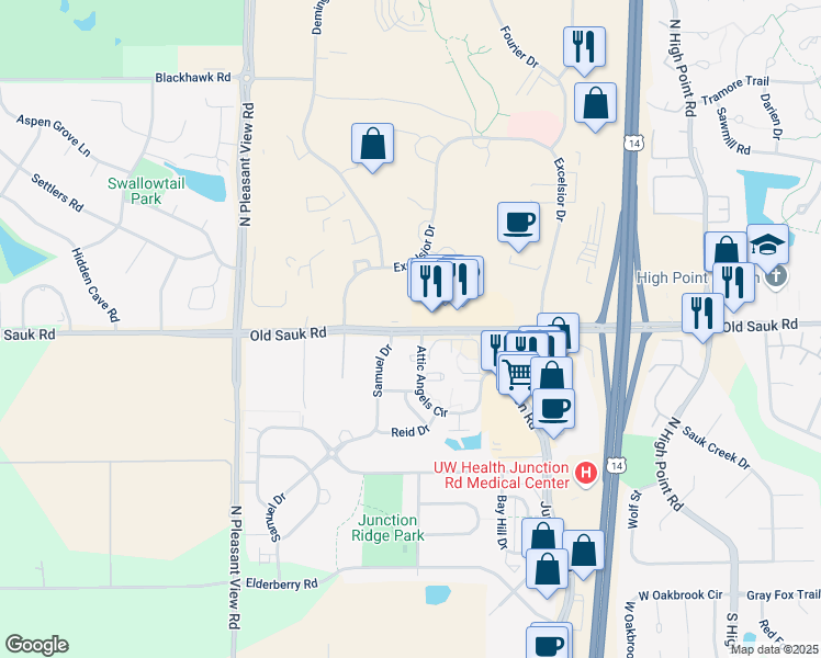 map of restaurants, bars, coffee shops, grocery stores, and more near 8502 Old Sauk Road in Middleton