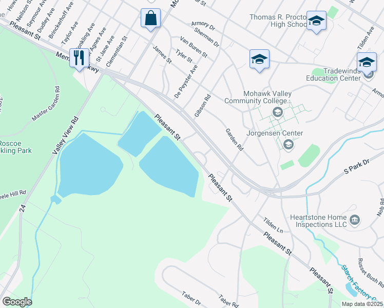 map of restaurants, bars, coffee shops, grocery stores, and more near Parkway Circle in Utica