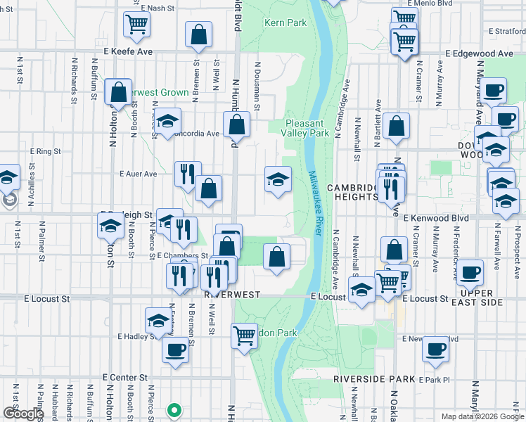 map of restaurants, bars, coffee shops, grocery stores, and more near 1250 East Burleigh Street in Milwaukee