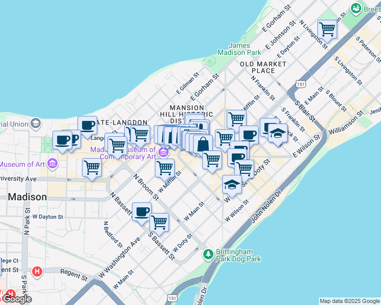 map of restaurants, bars, coffee shops, grocery stores, and more near 1 West Dayton Street in Madison